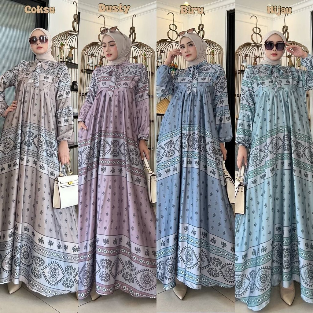 Efelyn Dress Wanita Armani Silk Brown Gamis Terbaru Lengan Balon Panjang Baju Muslim Ruffel Polos Kekinian LD 110 cm