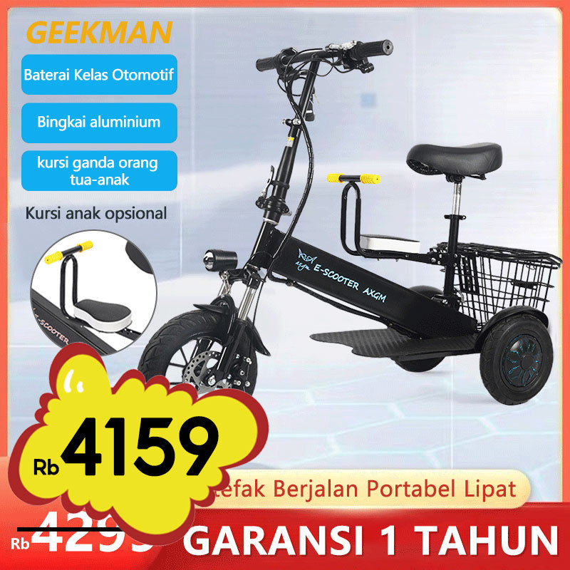 Sepeda Listrik Roda 3 Tiga Dewasa Baterai Lithium 36v8ah Awet 30km Lipat Sepeda Listrik Roda Tiga Dewasa Dengan Rem Tangan Lampu Utama Garansi 1 Tahun