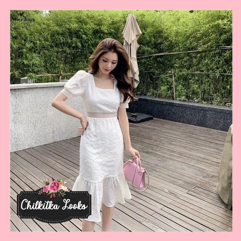 CHILKITKA LOOKS FASHION OUTFIT Yura 유라 Dress Korean Simple Embroidery Renda Midi Sexy Imut Poplin Pu