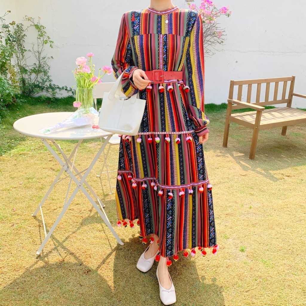 TM 8810 MAXY DRESS POMPOM INDIAN IMPORT KOREAN STYLE