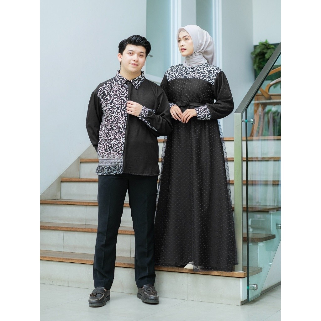 CP Faizal Batik Couple Muslim - Kemeja Ukuran L/XL, Gamis BUSUI Ukuran M/L. Busana Pasangan Muslim dengan Bahan Shakila, Kombinasi Batik dan Tile Dot, Cocok untuk Menyambut Lebaran