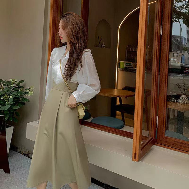 Set with Suspender Skirt Dress in Beige and Olive (SATU SET BAJU DAN ROK) - Dress Casual Kasual / Ko