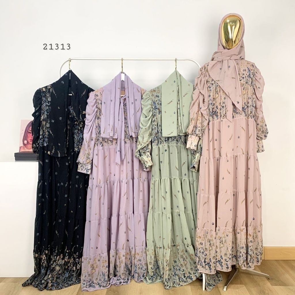 LONG MAXI RUMPLE BUNGA MOTIF FULL PRINT LENGAN BALON VARIASI KERAH V NECK MIX TALI PITA PREMIUM WANI