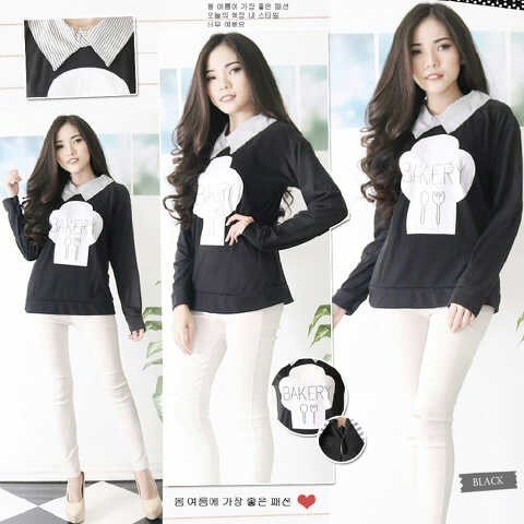 Baju Hem blus foodie OX Blouse Wanita spandek Hitam Kekinian