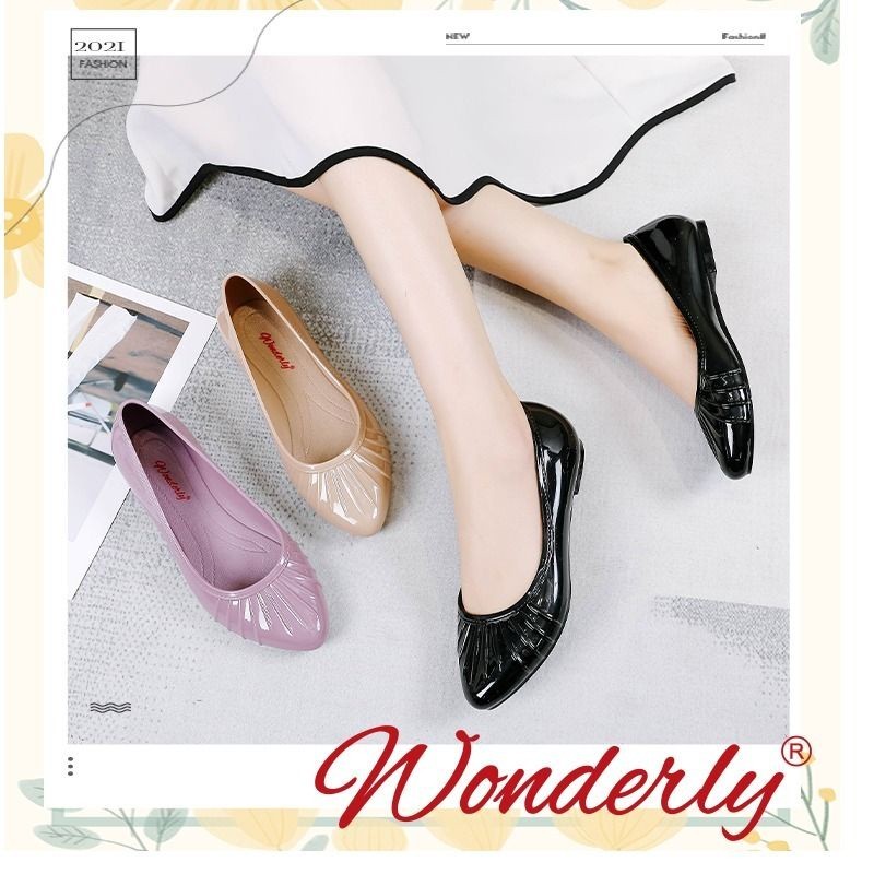 L595 [WONDERLY] Flat Shoes Jelly Wanita Sepatu Kantor Karet Sepatu Kantor Anti Air Sepatu Flat Shoes