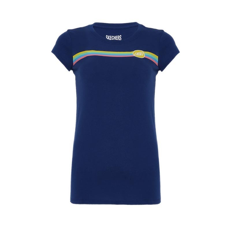 SKECHERS GIRLS RAINBOW STRIPE T-SHIRT - NAVY