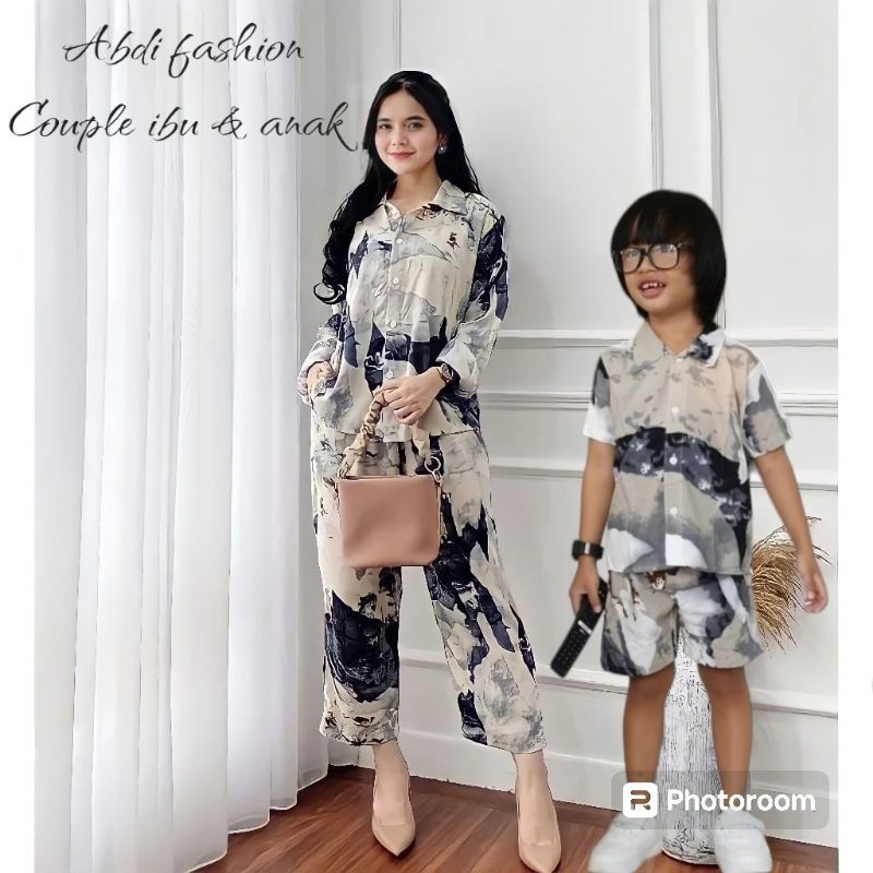 couple ibu Anak Stelan baju Dan Celana Oneset baju pajamas rayon motif ibu lengan panjang baju celan