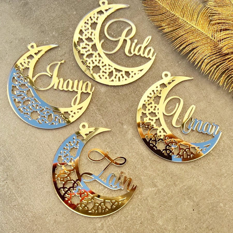 

Ramadan Mubarak Decorations Custom Name Acrylic Eid Mubarak Ornaments and Wooden Moon Ramadan Sign Eid Mubarak Decoration