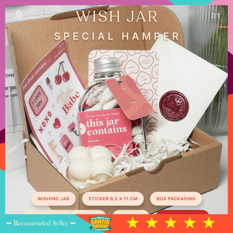 

Hampers Kado Gift Premium Murah / Wishing jar special hampers | Paket hadiah wishing jar | Wishing jar | Bubble Candle | Envelope | Greeting card | Seal wax | Sticker sheet | Box | Pasangan, pacar, teman