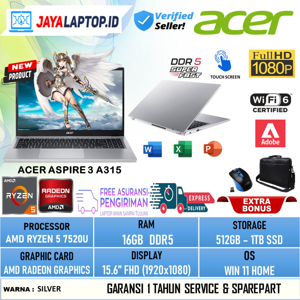 Laptop Acer Aspire 3 A315 Ryzen 5 7520U Ram 16GB DDR5 1TB Ssd TOUCHSCREEN FHD Silver