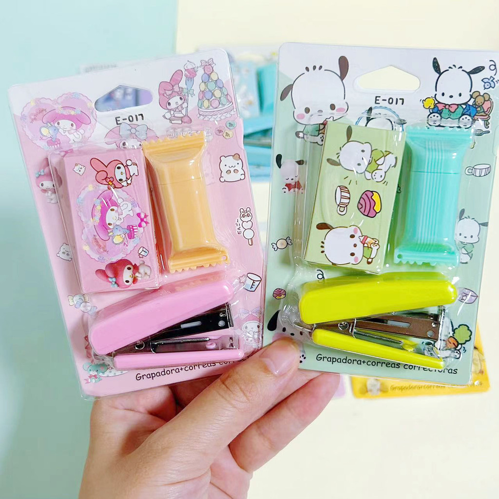 

Sanrio Mini stapler stabilo set stapler Steples desktop alat tulis siswa penghapus staples Kuromi Cinamorol Melodi Pocacho