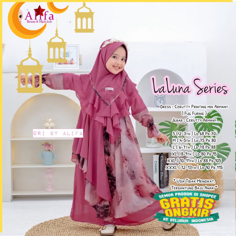 Gamis Anak Free Hijab Usia 2 - 12 Tahun | Laluna Gamis Kids by Alifa/Maron merah bata red anak tangg