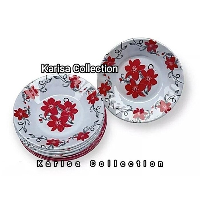 Piring Melamin Gambar Bunga 9 inc, Piring Bulat, Piring Makan, Piring Bunga Merah, Piring Cantik, Pi