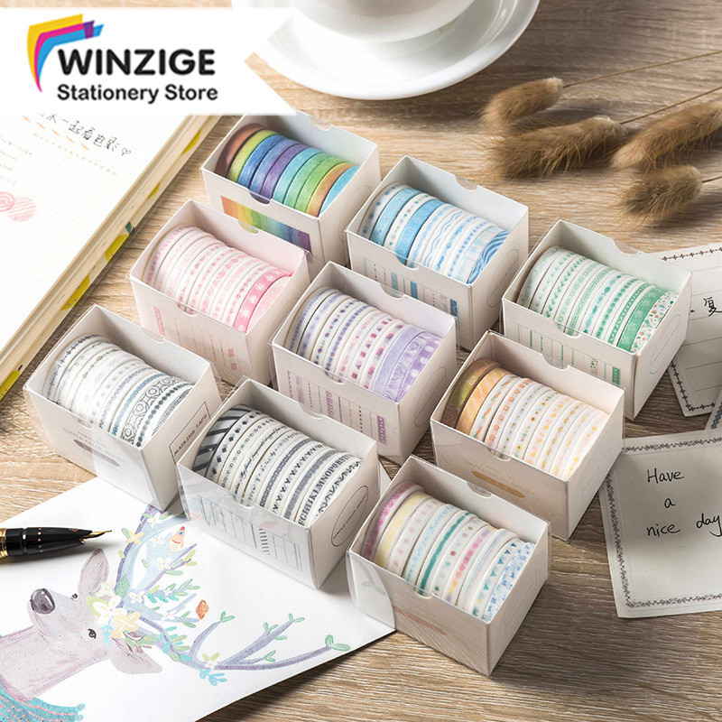 

Winzige 10 rolls Washi Tape Set Selotip Lucu Deco Masking Tape Slim Washi Tape 1 box Selotip Washi Warna Warni Aesthetic Jurnal DIY Scrapbook