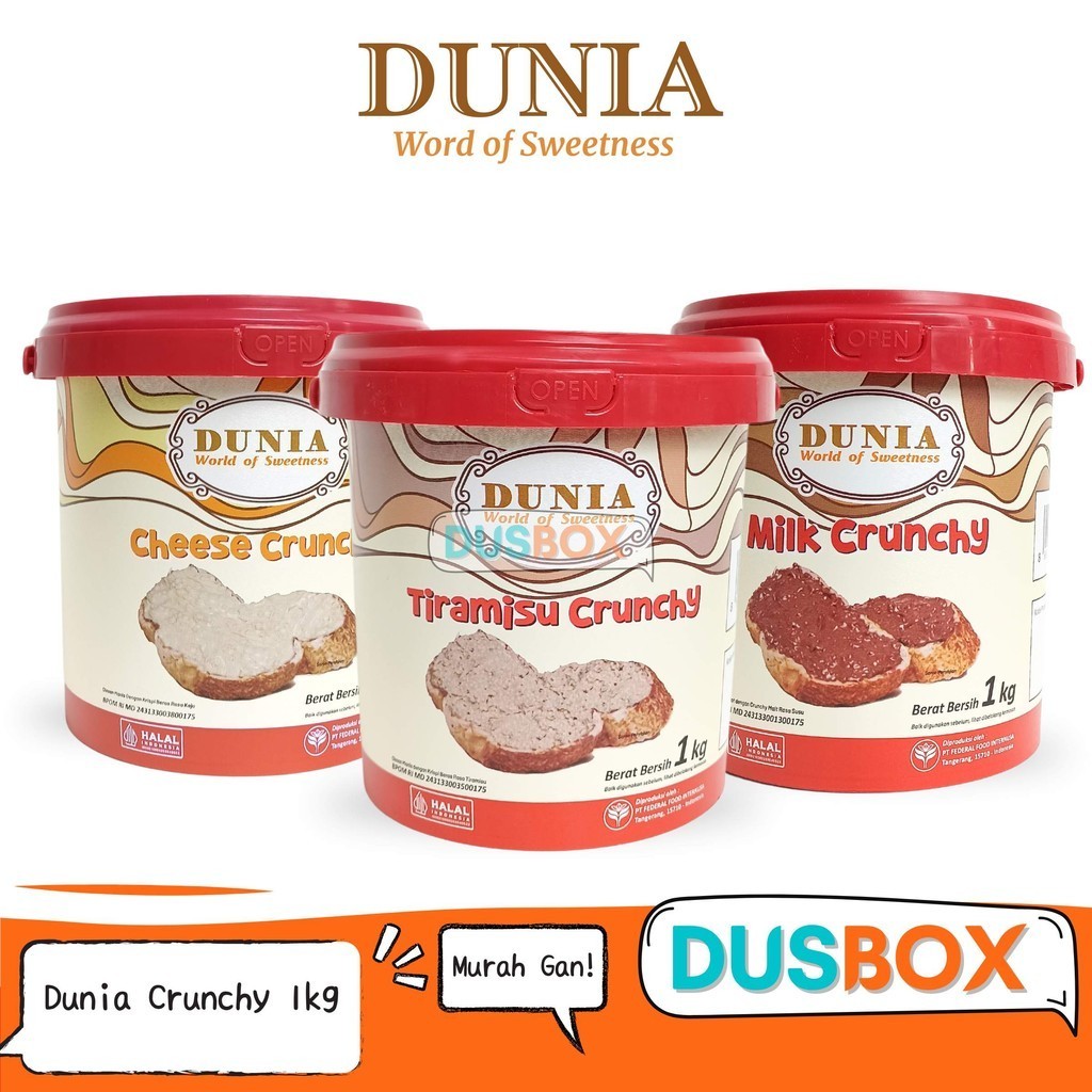 

Dunia Crunchy 1kg / Selai Dunia / Selai Roti Bakar / Toping Roti / Selai Roti / Dunia Cheese Crunchy / Dunia Tiramisu Crunchy / Dunia Milk Crunchy / Selai Coklat / Olesan Roti