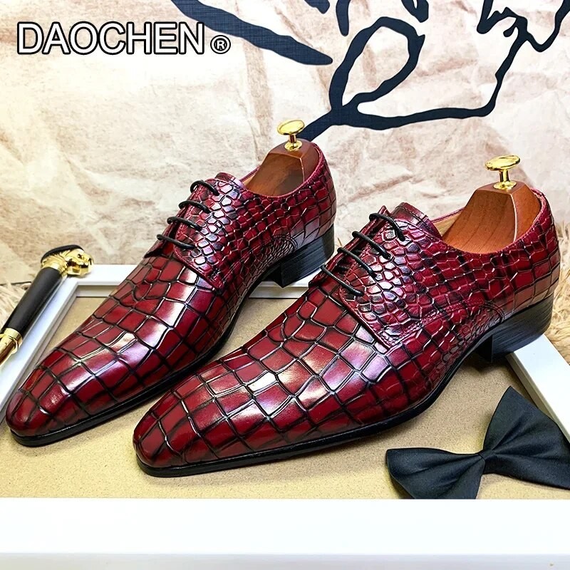 LUXURY BRAND MEN'S LEATHER SHOES RED BLACK LACE UP POINTED DERBY OXFORD PRINT CASUAL MENS DRESS WEDD
