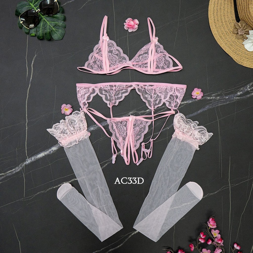 Stocking Wanita + Garter Belt + Bra Set G String Pink Ac33D