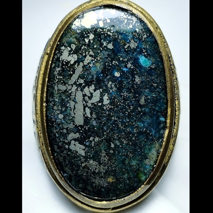 Cincin Batu Akik Natural Pirus Persia Biru Tua Motif Besi Perak Antik1
