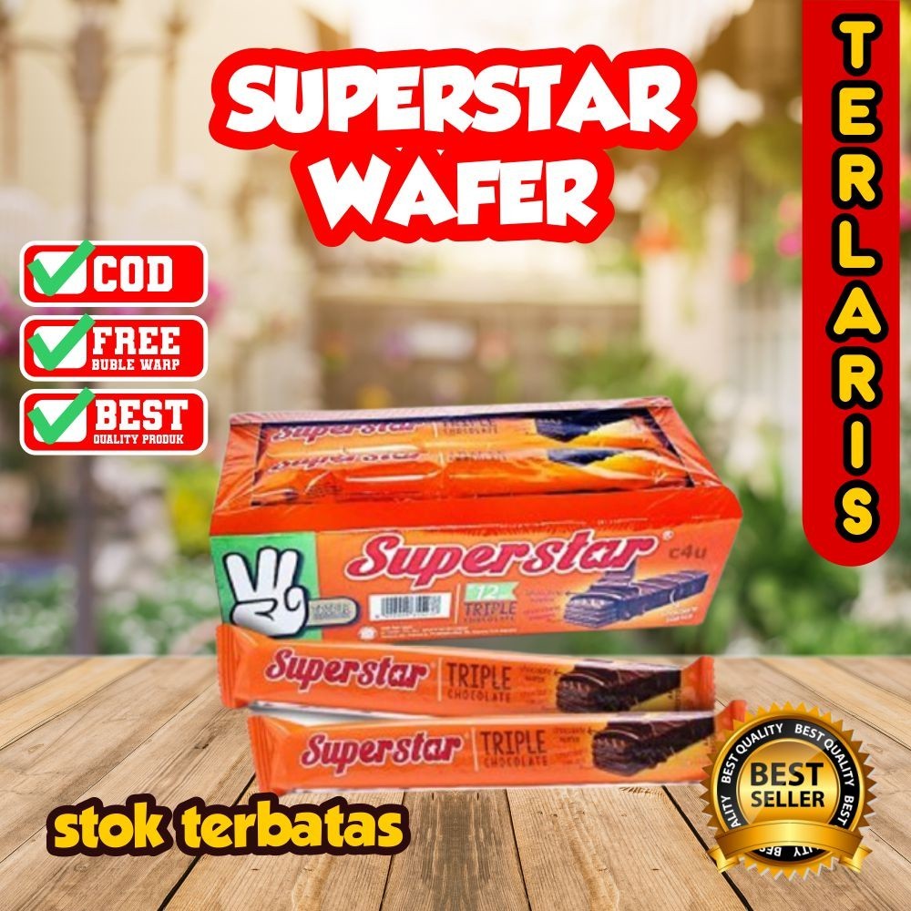 

SUPERSTAR WAFER TRIPLE CHOCOLATE BISKUIT KRIM COKLAT (1 BOX ISI 12 PCS) - CHOCOLATOS, TRICKS, YUPI