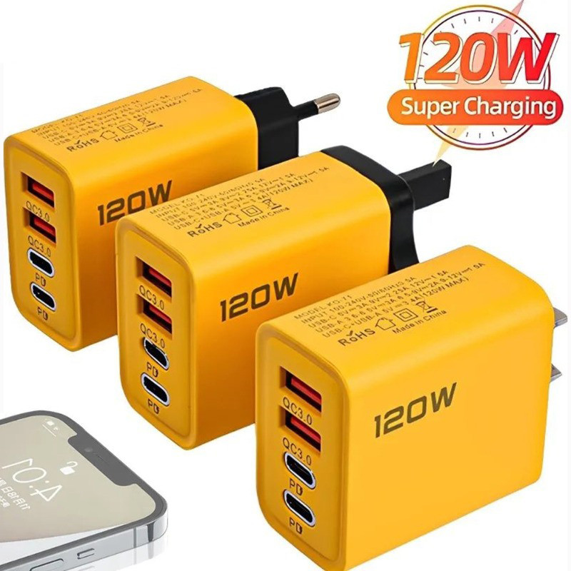 

120W Fast Charging 4 Ports Mobile Phone Charger QC3.0 USB Type C Chargers Dual PD USB Wall Adapter EU/US Plug for iPhone Samsung