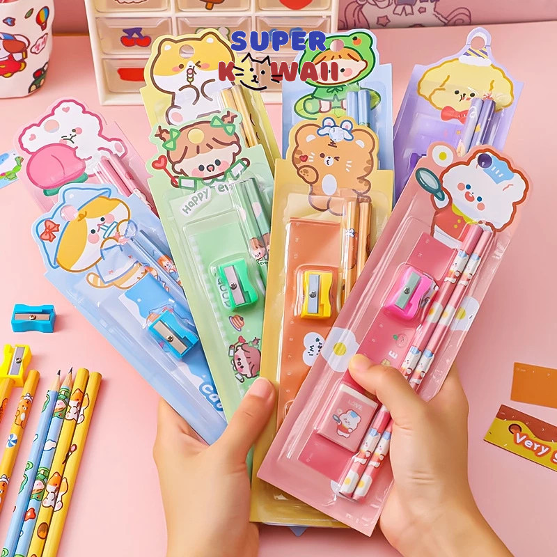 

Super kawaii - [SK53] paket alat tulis 5 in 1 alat tulis set rautan pensil penghapus penggaris stationery