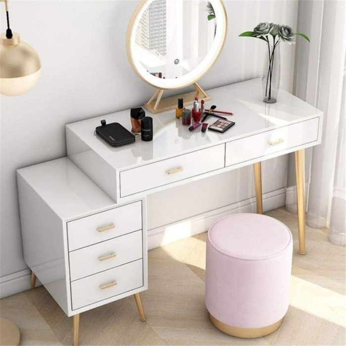 Meja Rias Retro Minimalis Laci Kaca Bulat Lampu Led Touchcreen