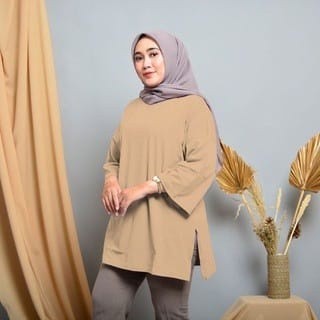 Atasan Kaos Basic Oversize Wanita Butik Nels  Korean Lengan 7/8 Tunik Jumbo Polos Top Oversize Tunik