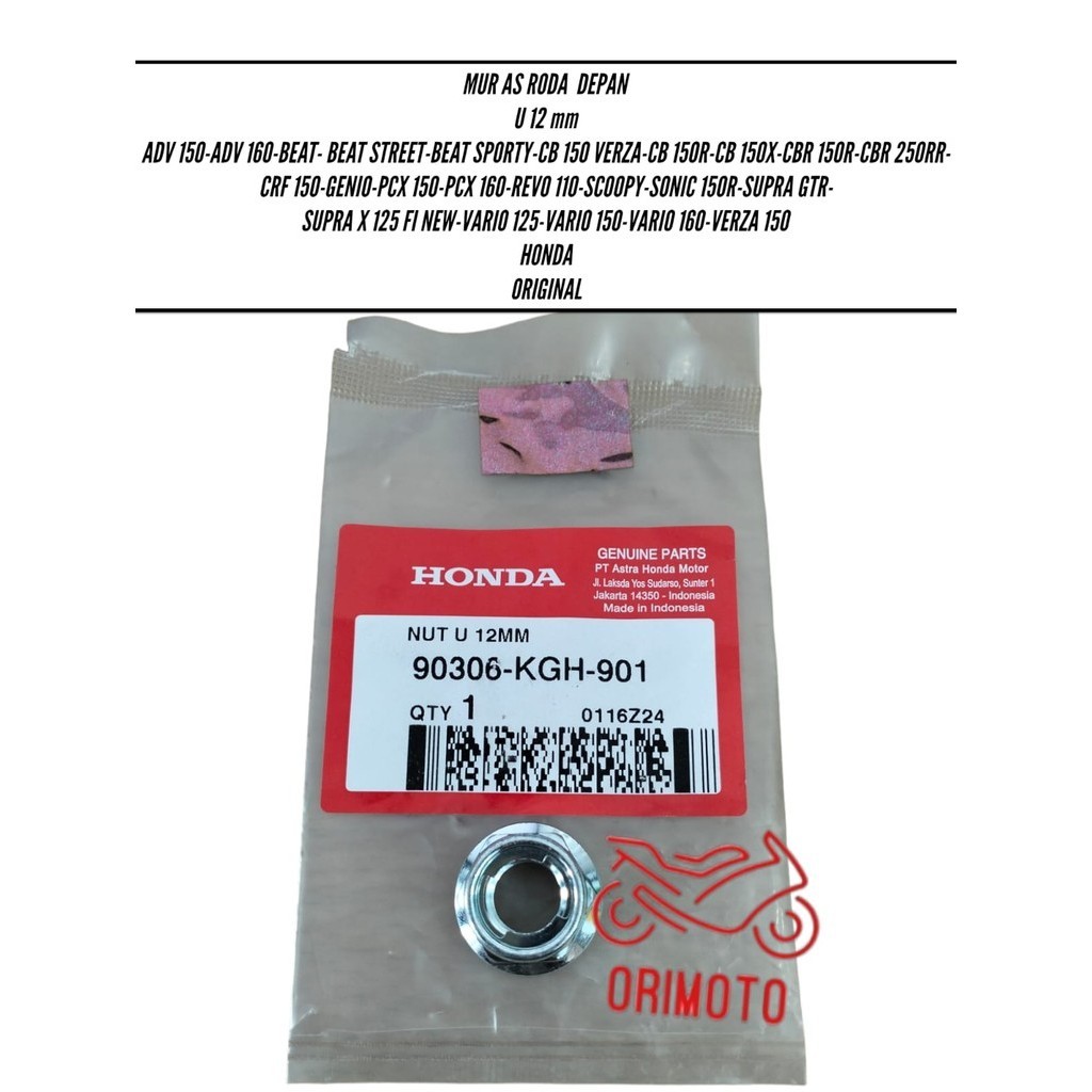 NUT MUR BAUT AS RODA DEPAN U 12 mm ADV BEAT CB 150 CRF 150 GENIO PCX REVO 110 HONDA 90306-KGH-901 OR