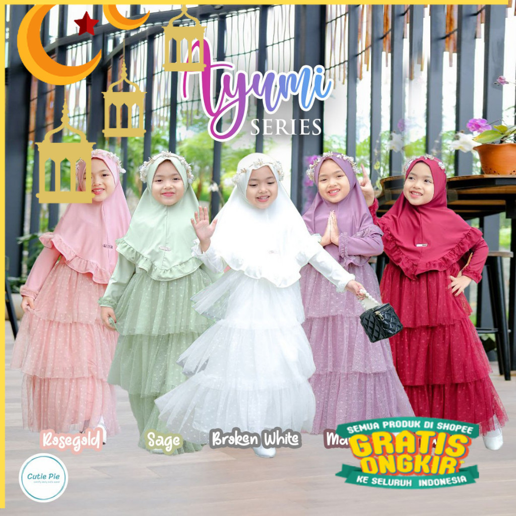 AYUMI GAMIS PESTA ANAK BRUKAT SUSUN TILE  SNOW DOTTY RAINBOW DOT MEWAH/Maron merah bata red anak tan