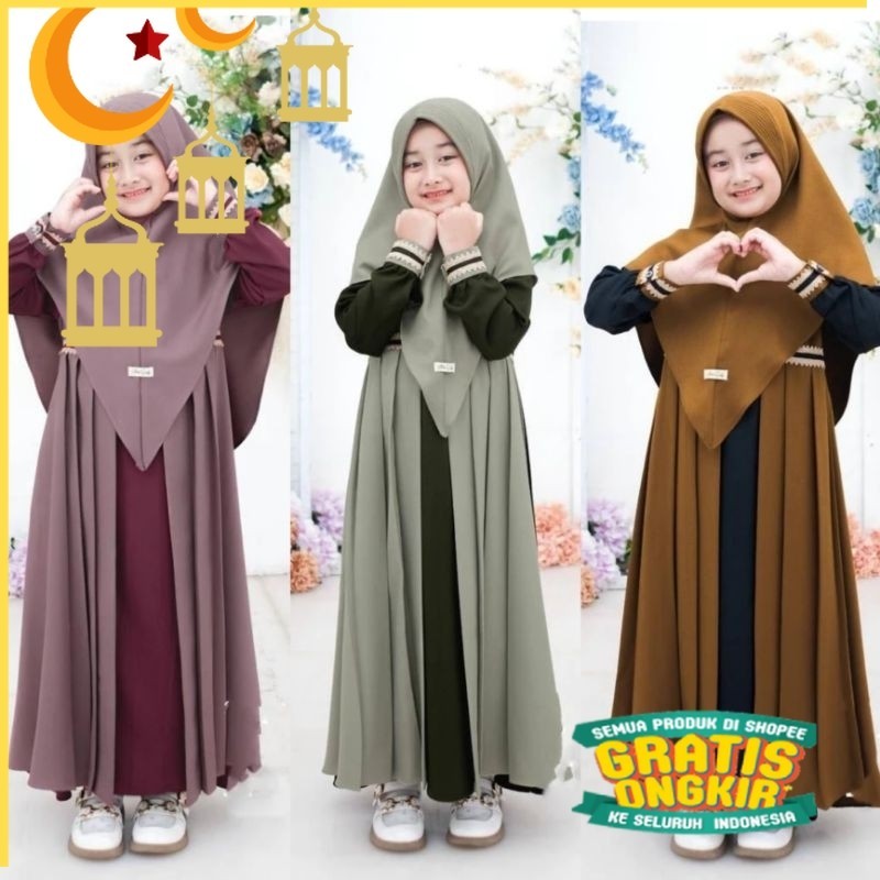 Ryana syari kids set khimar gamis anak perempuan usia 4-14 tahun M.L.XL terbaru bahan syakila import