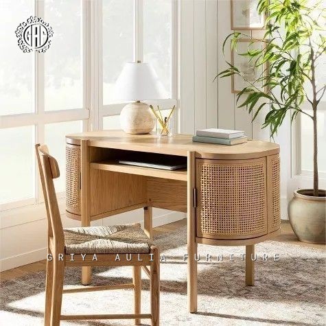 MEJA KERJA MINIMALIS JATI - MEJA BELAJAR RETRO JATI KOMBINASI ROTAN