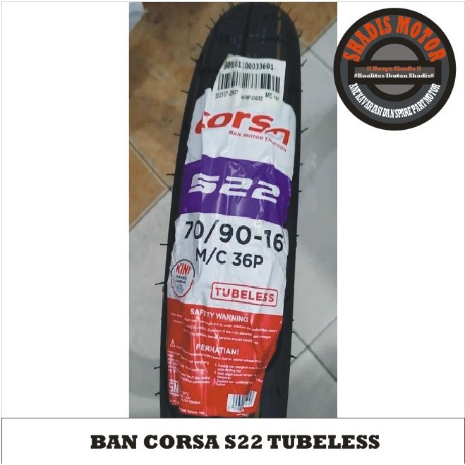 Ban Motor Merk Corsa Tubeless Tipe S22 Ukuran 70/90 Ring 16 Ban Motor Tubless