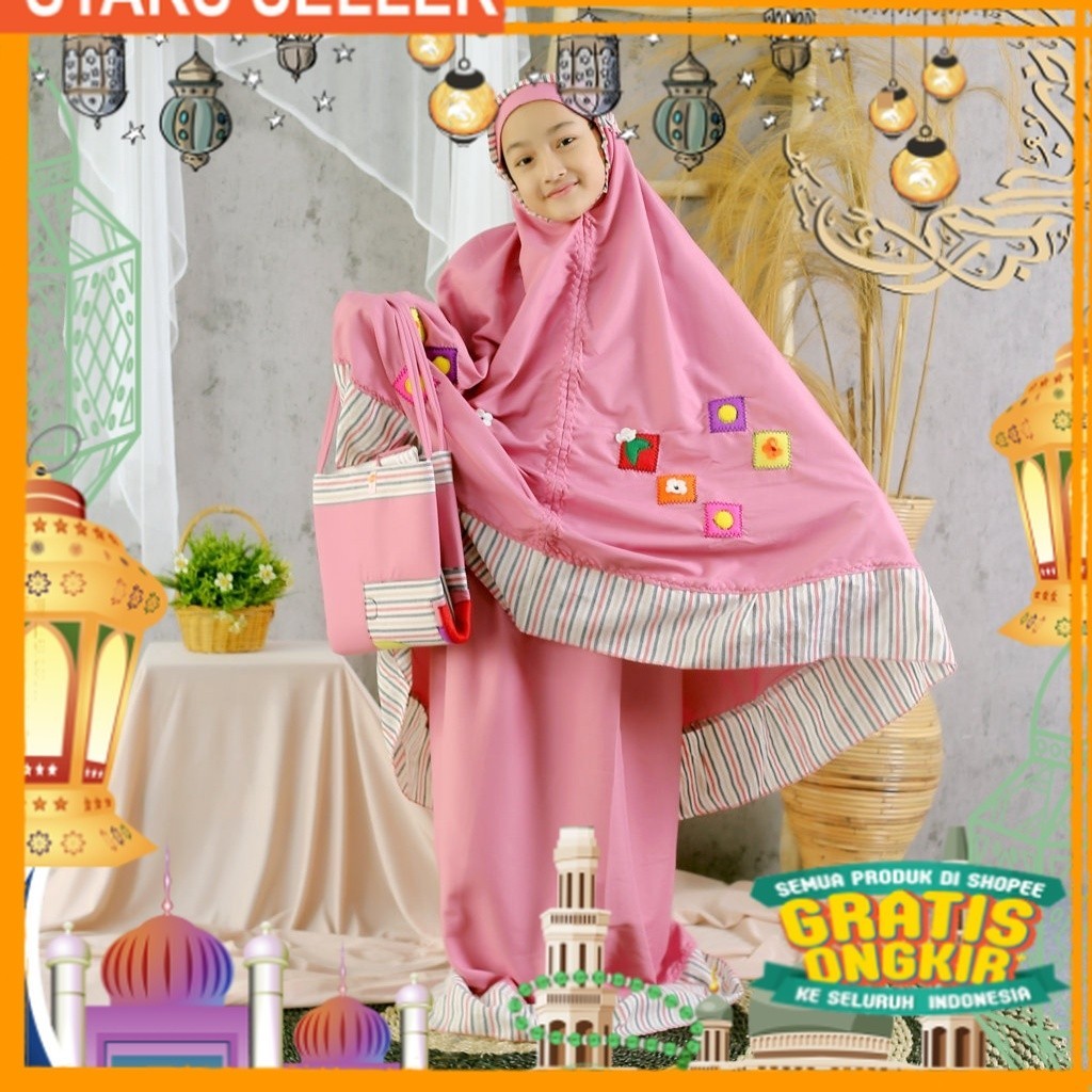 Mukena Anak Tas Sajadah Salur Katun mikro Premium Terbaru Termurah/ Pink Dusty Fanta Merah muda