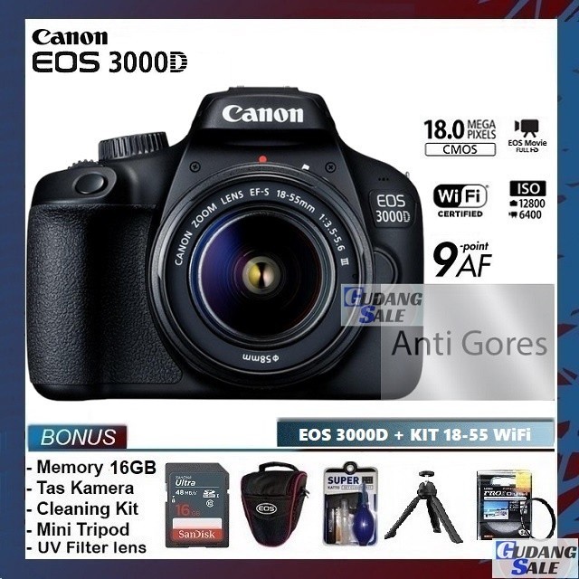 [NEW] KAMERA CANON EOS 3000D + LENSA KIT 18-55MM WiFi - GARANSI 1 TAHUN - CAMERA DSLR 1200d 1300d