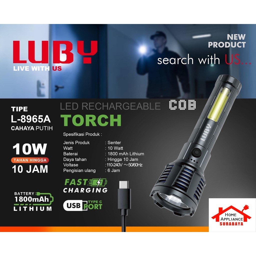 LUBY Senter Tangan Cas LED 10W 10 Watt + Emergency COB L8965A / L 8965 A Cahaya Putih 1800mAh Tahan