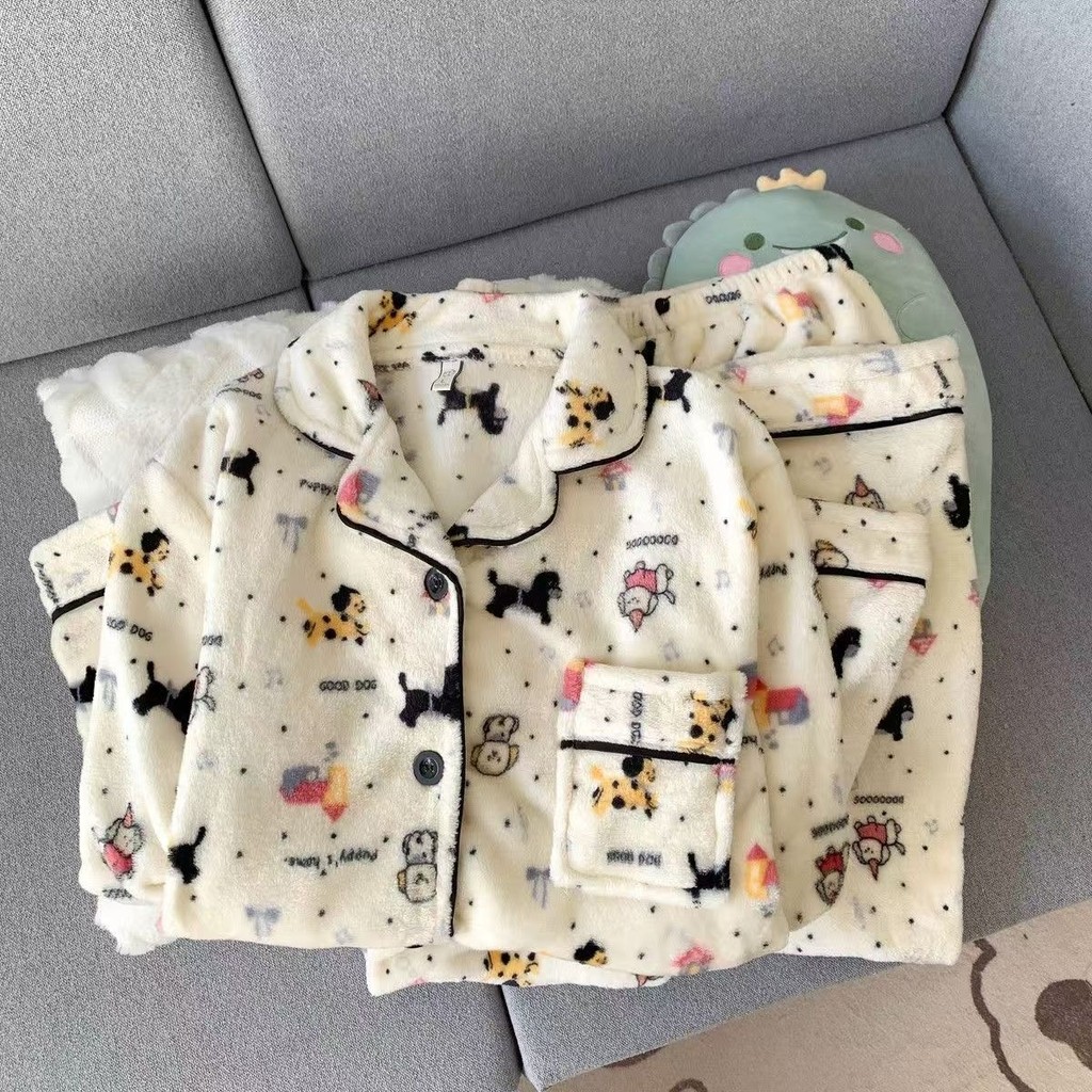 Cartoon Dog Pajamas Sets Kawaii Fluffy Flannel Warm Christmas PJ Set Sleepwear Women Winter Korean Y