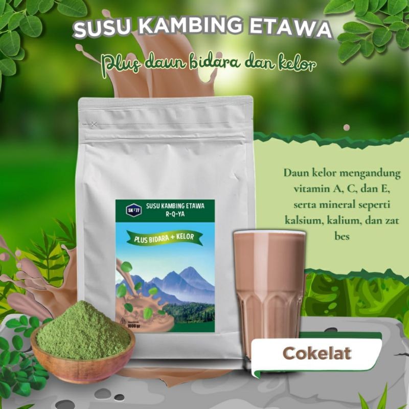 

SUSU KAMBING ETAWA R-Q-YA SK-77 PLATINUM KADAR SUSU 70% RASA COKELAT PLUS DAUN BIDARA DAN DAUN KELOR UKURAN 1000GR/500GR/200GR