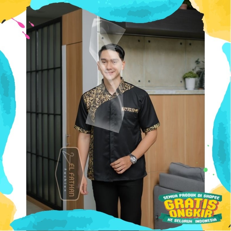 Baju Hem Kemeja Koko Lengan Pendek Pria Dewasa Kombinasi Batik Terbaru/ 2024