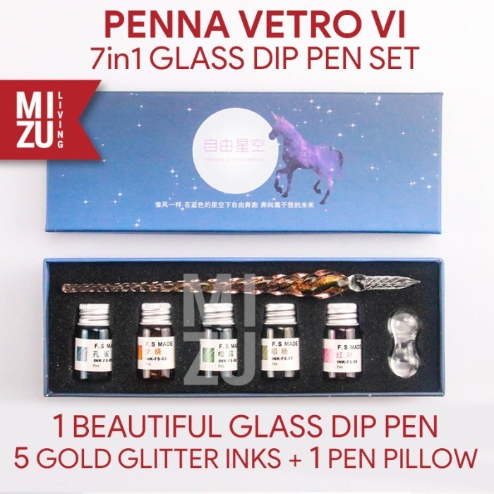 

PROMO!! -MIZU PENNA VETRO VI GLASS Dip Pen Kaca Calligraphy Set 5 Gold INK - BLACK GOLD