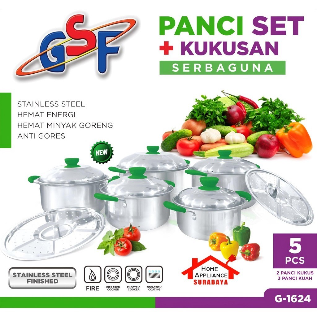 Panci Kuah - Panci Kukus Set Serbaguna Stainless Steel 5 PCS + Kukusan Stainless GSF 1624