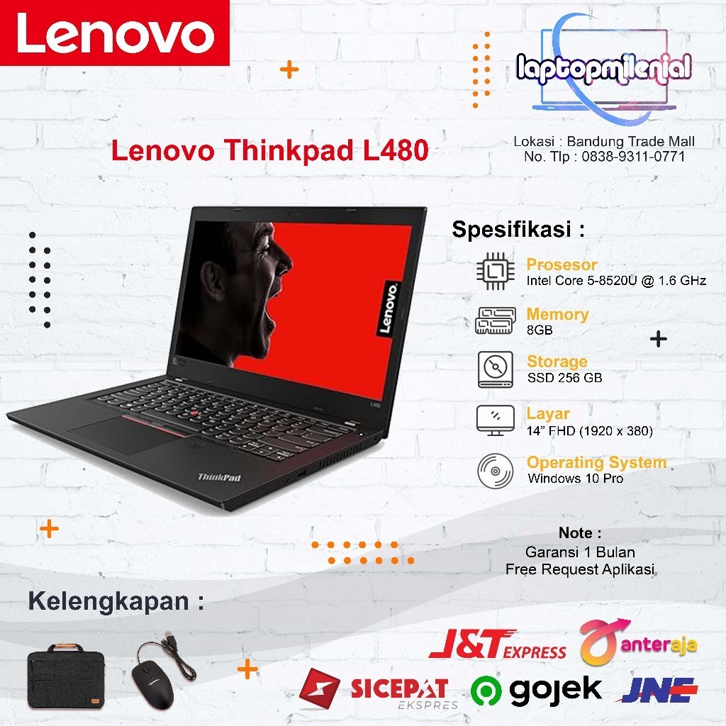 PROMO AWAL BULAN Laptop Lenovo Thinkpad L480 Intel Core i5-8520U RAM 8GB SSD 256GB 512GB 14" FHD Win 10 Bergaransi Berkualitas