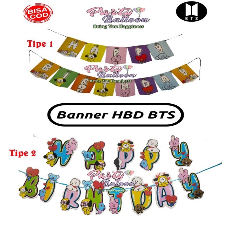 Banner Bunting Flag BT21 Tulisan selamat ulang tahun bts