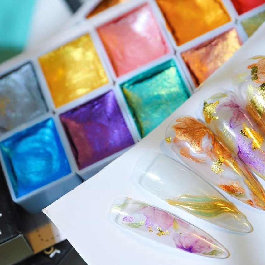 Watercolor Set Nailart Painting Color Set Shimmer Nail Art Cat Air Solid Pearlescent Pigmen Bubuk