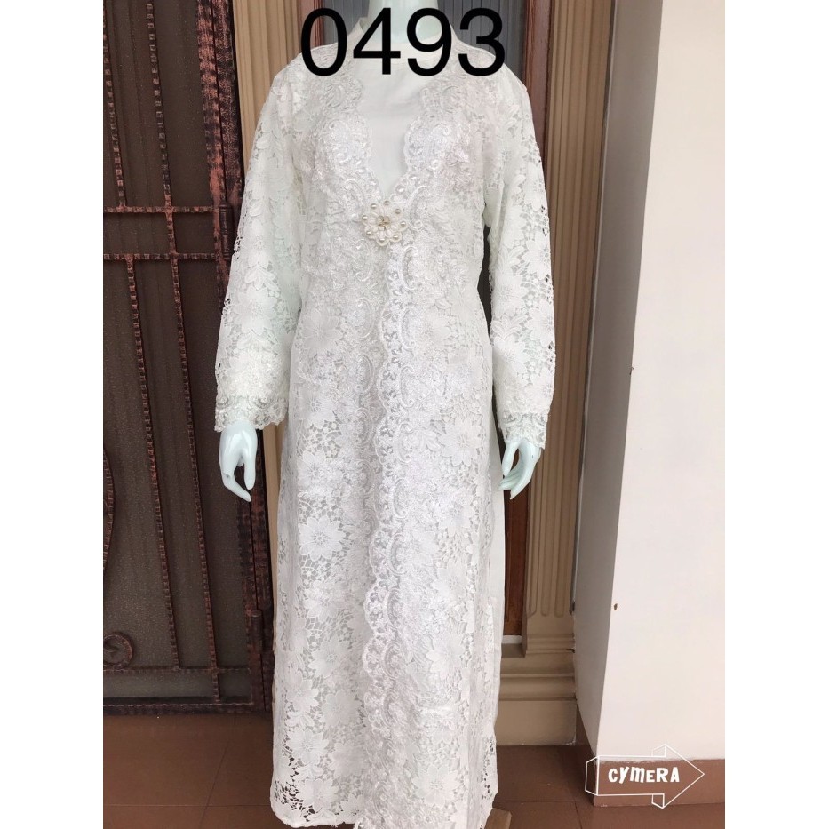 0493 Gamis alexuez full brukat depan putih tulang /gamis  - M