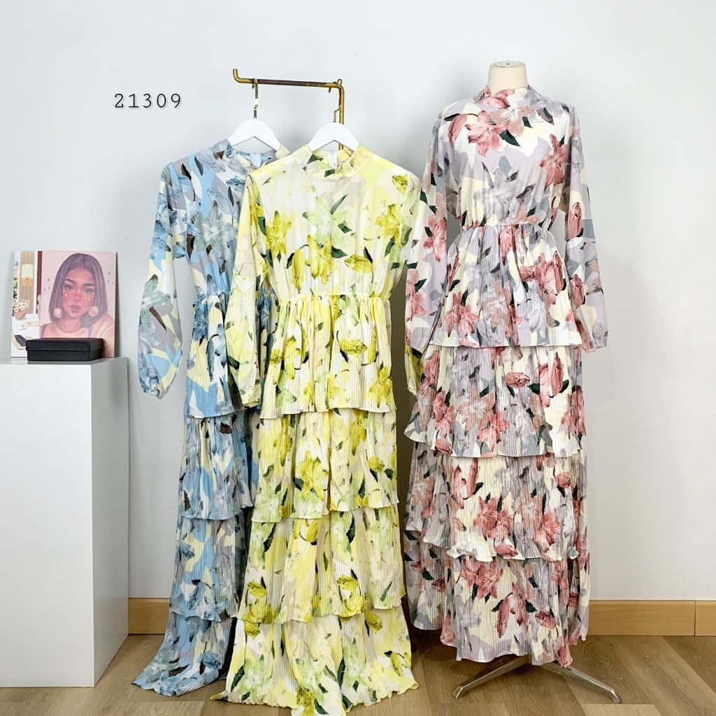 LONG MAXI SLIKY ROK PLSIKET RUMPLE TINGKAT VARIASI PINGGANG KARET KELILING LENGAN PANJANG PREMIUM WA