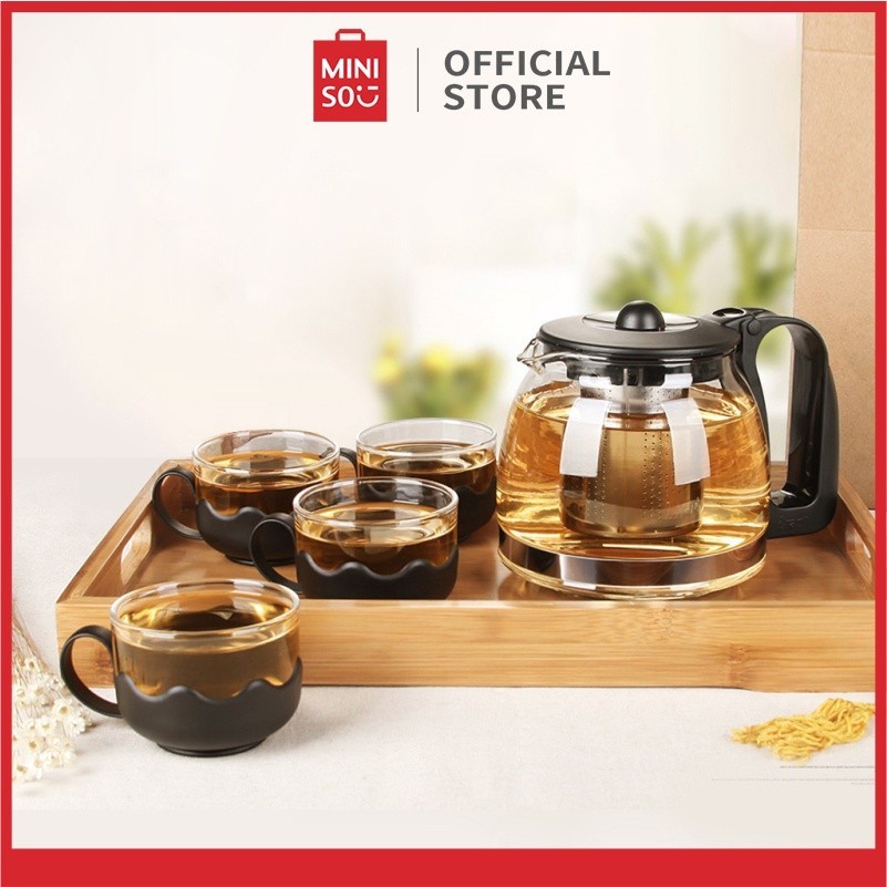 MINISO Teko Teapot Set Teh Sederhana 5pcs/set Teh Ketel Kaca Teapot dengan 4pcs Gelas Praktis Kantor