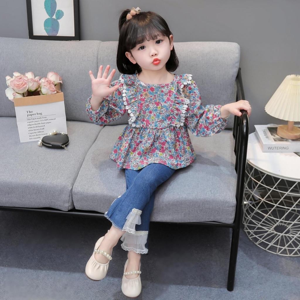 Starkid - Setelan Pakaian Anak Cewek Lengan Panjang Celana Levis Casual Model Korea Set Baju Anak Wa