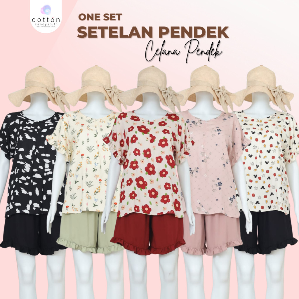 Setelan Celana Pendek Ruffle Rayon Piyama One Set Baju Tidur Daster Busui Friendly All Size termurah
