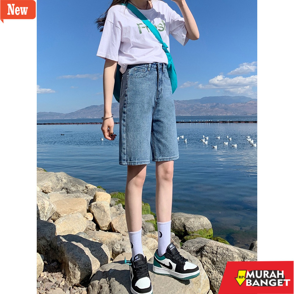 Celana pendek denim wanita- Emily Jeans-Jeans Celana Pendek Wanita Loose Highwaist Korea Style Biru 