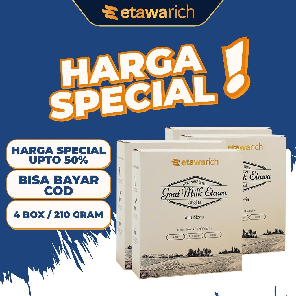 

4 Box Susu Etawarich 210 Gram Bubuk Kambing Etawa Dairy Milk Food Sugar - Susu Kambing Bubuk Murni 100% dapat mengatasi berbagai macam penyakit seperti Asam Urat, Nyeri Sendi, Radang, reumatik | Meningkatkan kesehatan Tubuh | Mencegah Osteoporosis